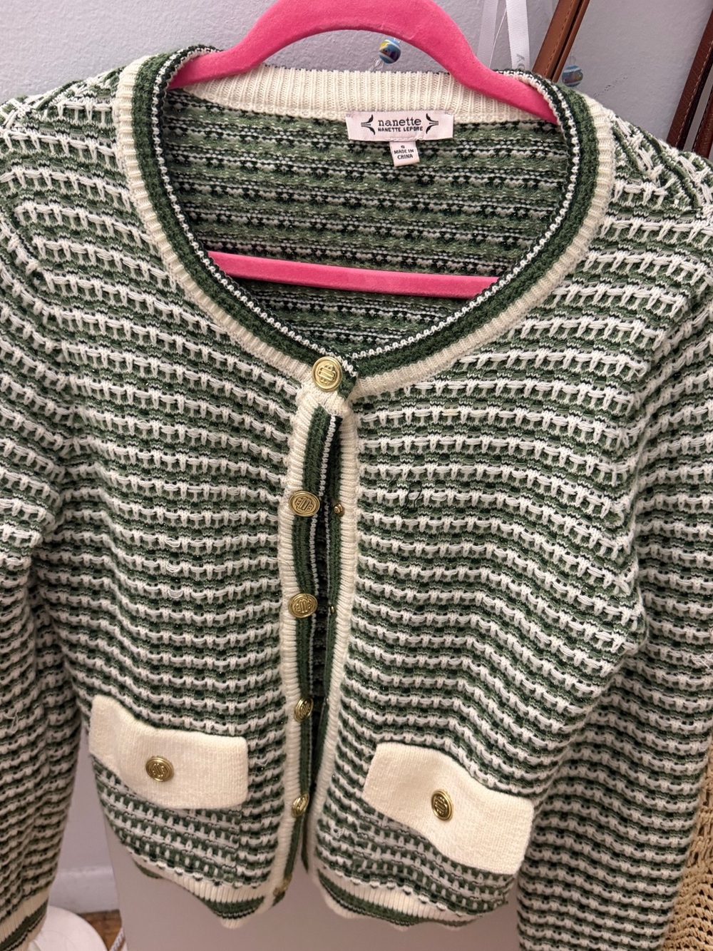 Nanette Lepore Green and Cream Knit Cardigan with Gold Buttons